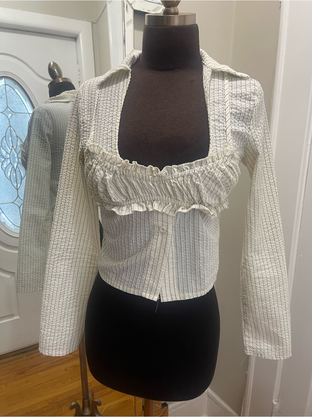 PrettyLittleThing Cream Striped Ruffle-Front Button Down Top - Picture 8 of 8